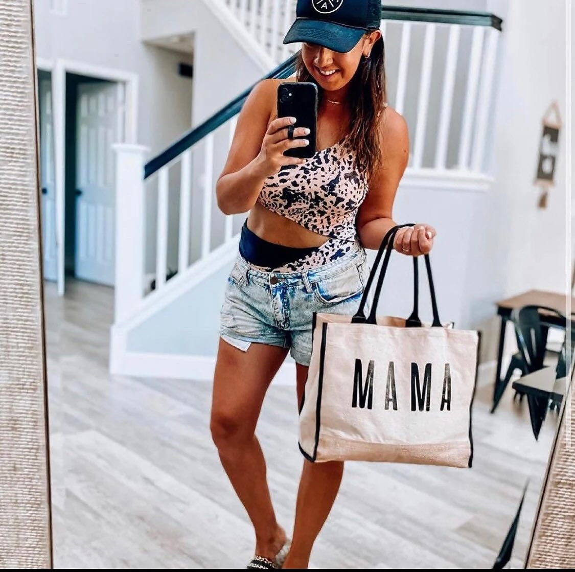 Natural jute tote with dark contrast handles and personalized MAMA lettering