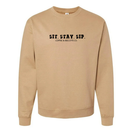 Coffee & Biscotti Co. “Sit. Stay. Sip.” Crewneck Sweatshirt – Brown or Black