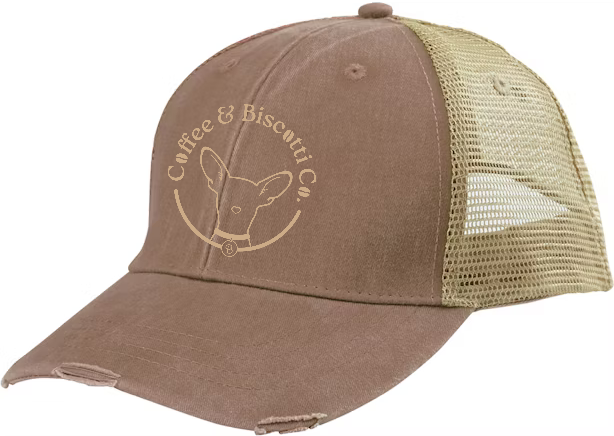 Coffee & Biscotti Co Distressed Embroidered Hat (Brown and Black)