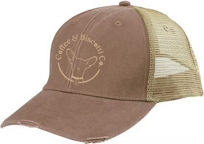 Coffee & Biscotti Co Distressed Embroidered Hat (Brown and Black)