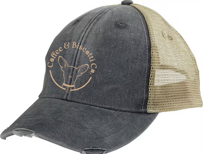Coffee & Biscotti Co Distressed Embroidered Hat (Brown and Black)