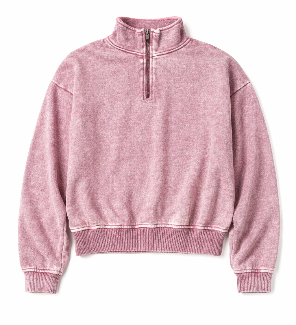 The Acid Wash Fleece Half Zip- Rose (Case Pack: 2S,2M,2L)
