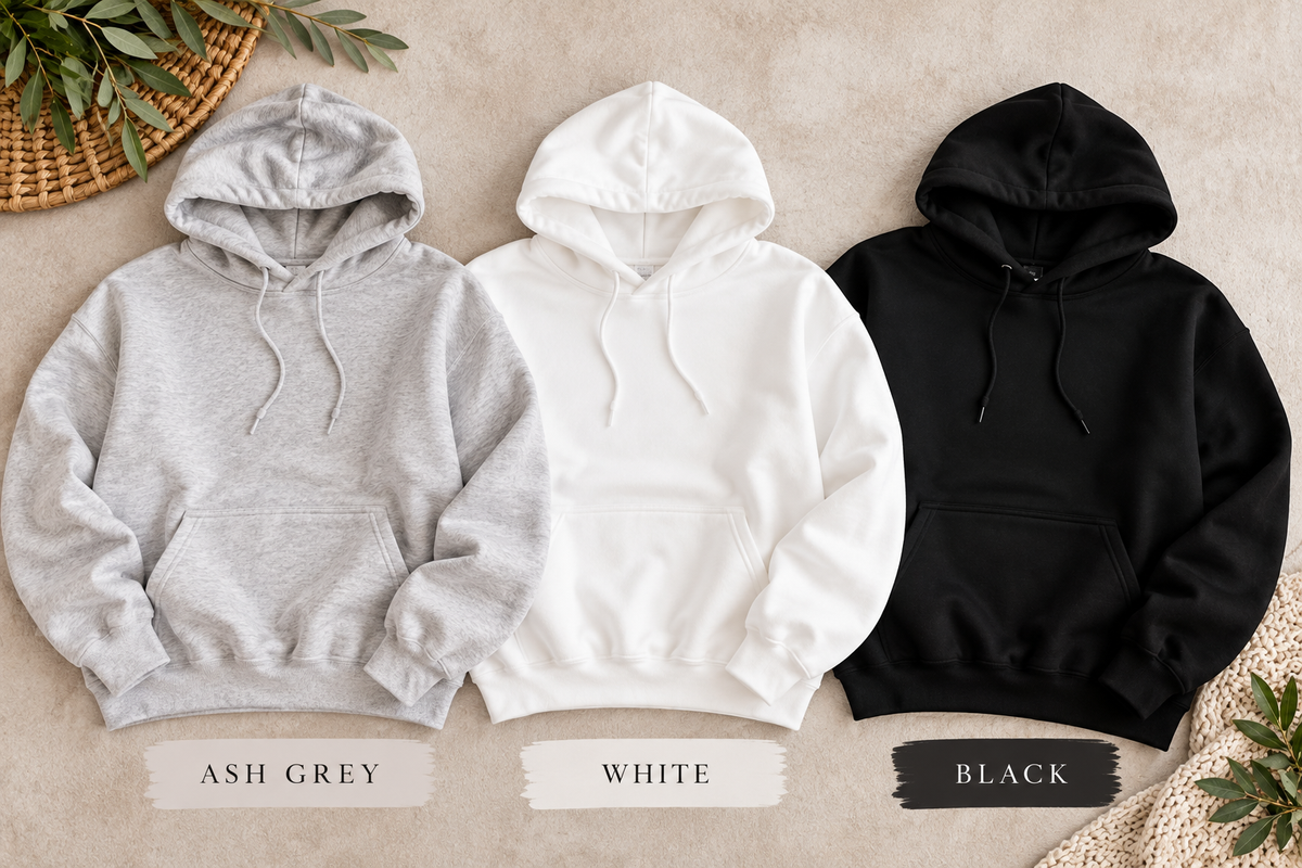 Adult hoodies in Ash Grey, White, and Black